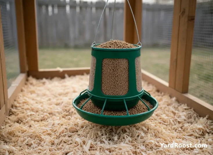 A hanging feeder full of pellets hangs over pine shavings with only a few pellets scattered below.