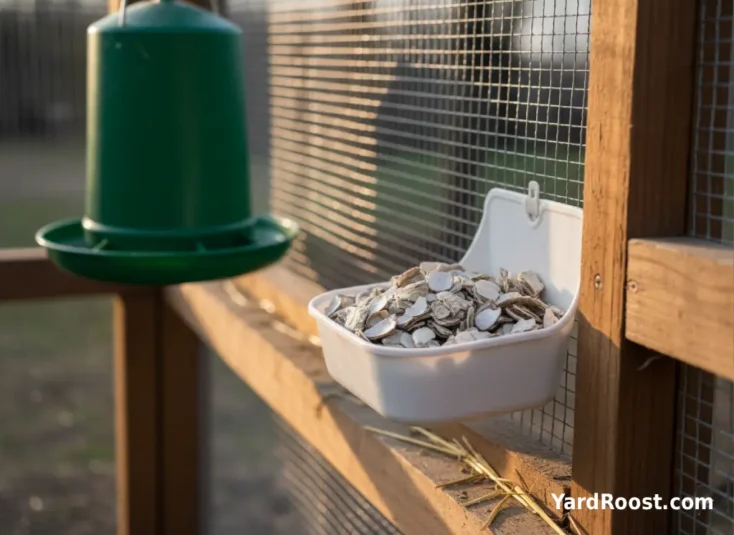 A separate oyster shell dish is mounted near a feeder inside a covered run.