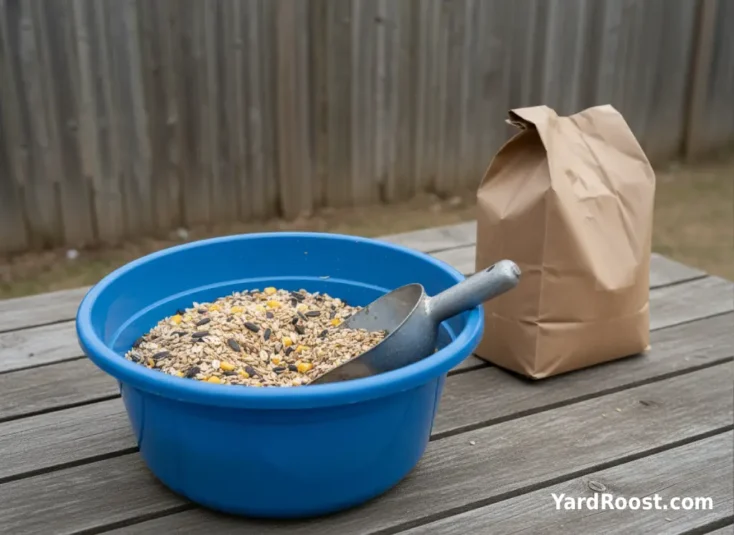A mixing tub with grains and a metal scoop sits on a table with a complete feed bag blurred behind it.