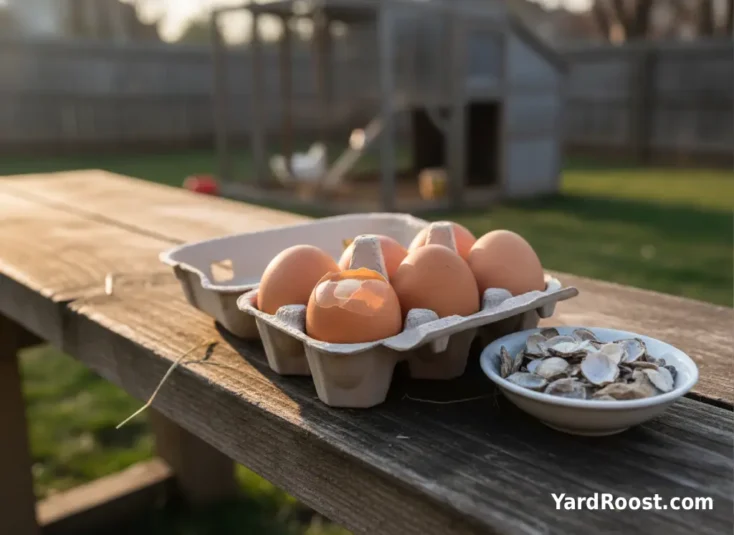 An egg carton on a wooden bench shows mostly normal eggs with one thin-shelled egg beside a small bowl of oyster shell.