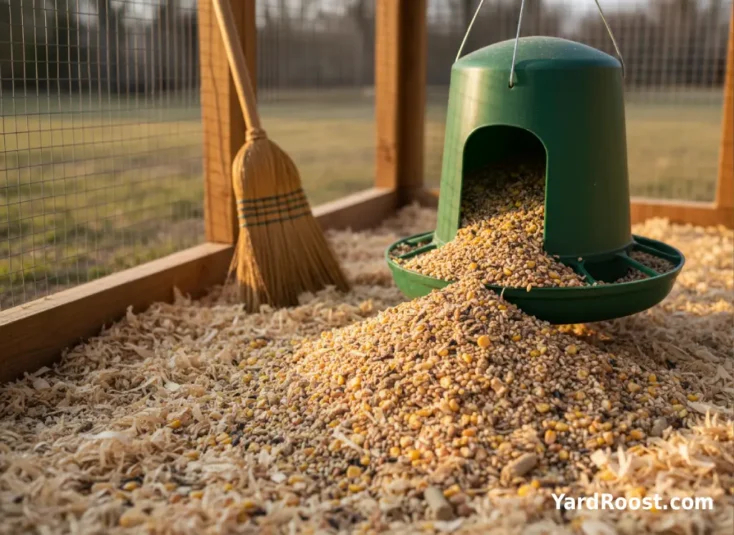 Spilled scratch grain sits on pine shavings next to an overfilled feeder inside a covered run.