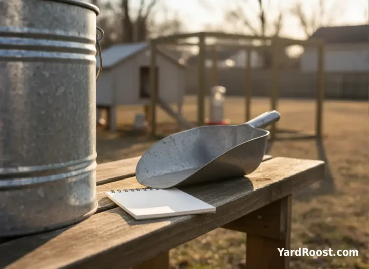 A blank notepad and metal feed scoop sit on a bench beside a sealed feed bin near a coop.