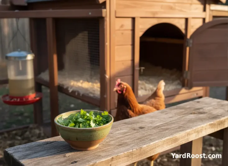 A bowl of chopped cilantro sits on a wooden bench by a chicken coop while a hen stands nearby.