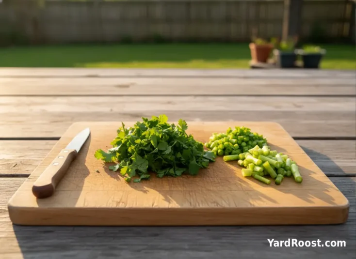 Chopped cilantro leaves and short stem pieces sit on a cutting board next to a coop run door.
