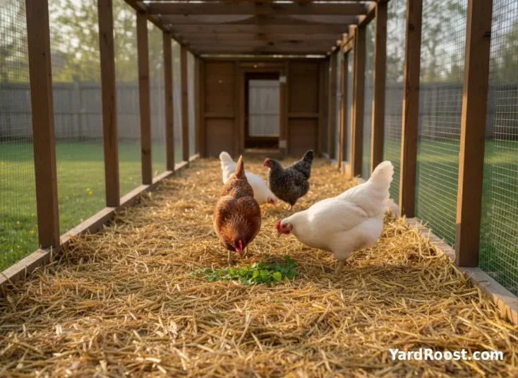 Hens peck at small pieces of cilantro scattered on straw inside a covered chicken run.