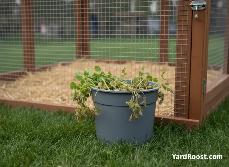 Wilted herb scraps sit in a compost bucket near a chicken coop with clean run bedding in the background.