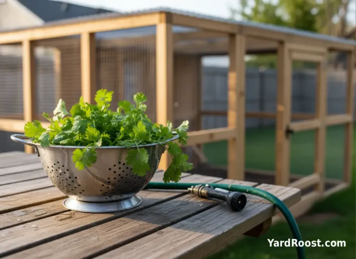 Rinsed cilantro sits in a metal colander on an outdoor table near a backyard chicken coop.
