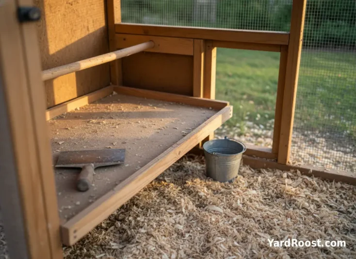 A coop interior with a droppings board under roosts and a scraper and bucket set by the doorway.