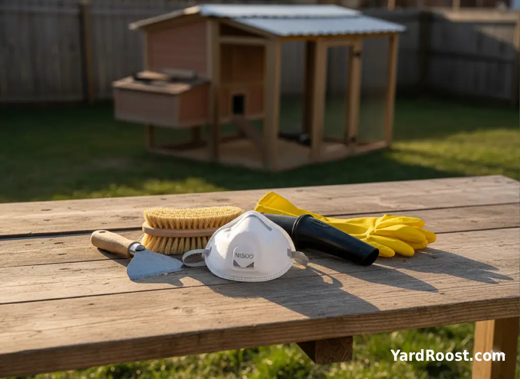 Coop-cleaning tools laid out on a bench including a scraper, brush, gloves, and a respirator.