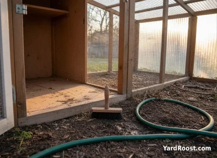 A coop with bedding removed and cleaning tools set by the open door during a cleanout.