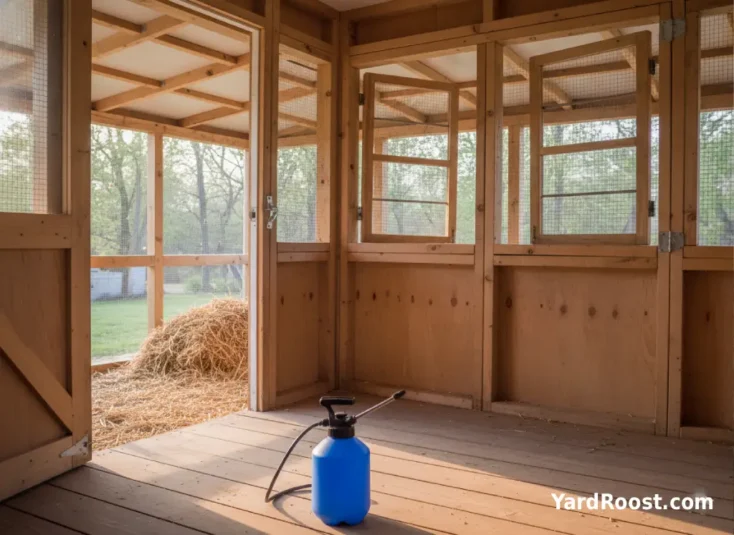 An empty coop airing out with a pump sprayer on the floor and windows open.