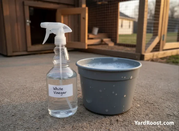 A spray bottle of diluted vinegar and a bucket of soapy water set outside a coop.