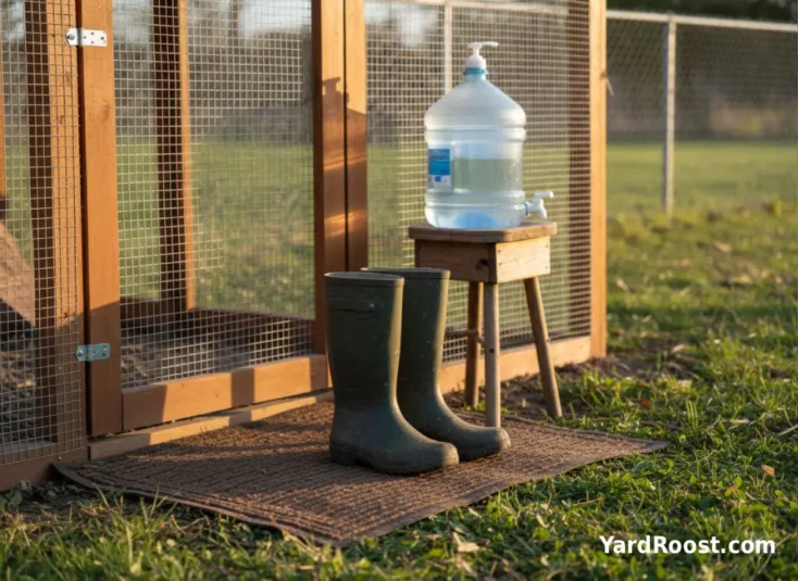 Rubber coop boots on a mat outside a run door with a simple handwashing setup nearby.
