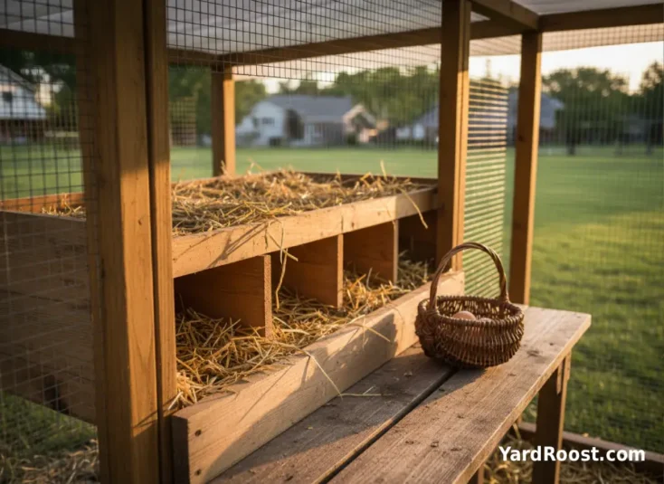 Nest boxes with fresh straw and an egg basket on a bench inside a covered run.