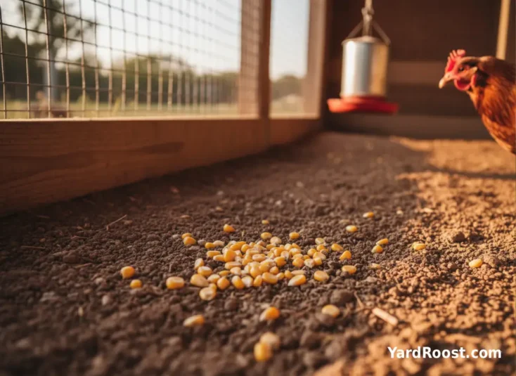 Close-up of cracked corn scattered lightly on dry run ground near a hanging feeder in a backyard coop.