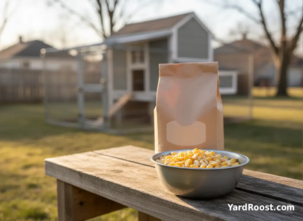 A small bowl of cracked corn sits beside a plain bag of complete poultry feed near a backyard coop run.
