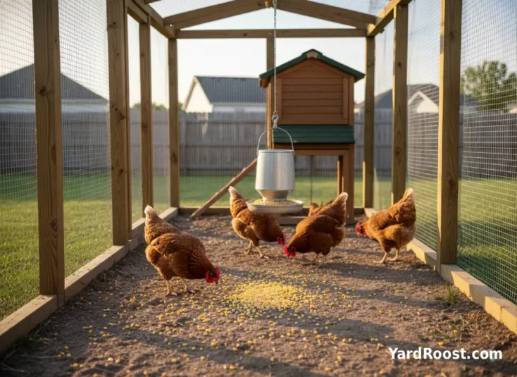 Hens peck at a light sprinkle of cracked corn in the run after finishing pellets from a nearby feeder.