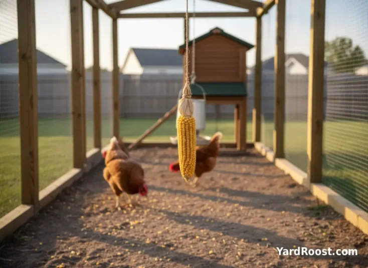 An ear of corn hangs in a run while hens peck kernels in the background.