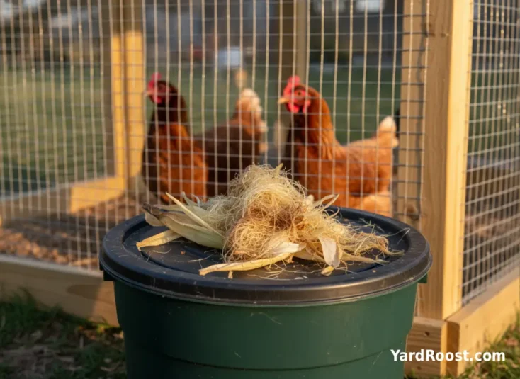 Corn husks and silks sit on a compost bucket outside the run while hens watch through the mesh.
