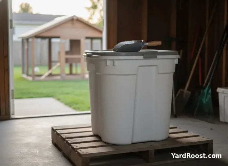 A sealed feed bin sits on a wooden pallet in a dry shed with a scoop on the lid.