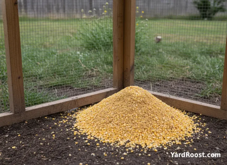 An overly large pile of cracked corn sits on damp run ground near a visible gap at the run edge.
