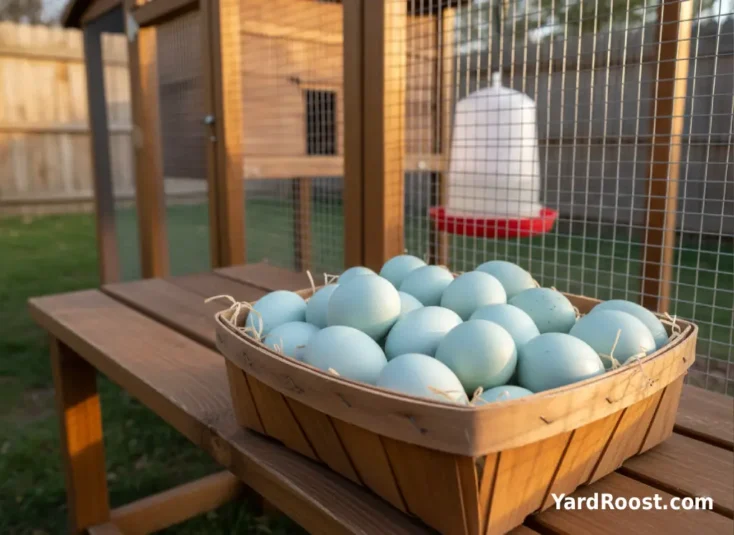 Basket of blue and blue-green Easter Egger eggs on a bench next to a backyard coop.