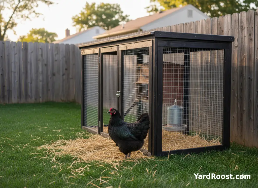 Black Easter Egger with cheek muffs standing on straw inside a covered backyard run.
