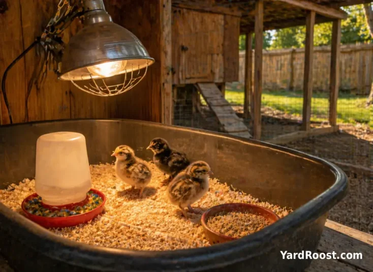 Brooder tub with heat lamp and three Easter Egger chicks on pine shavings.
