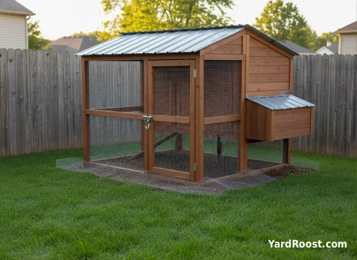 Backyard coop and covered run with hardware cloth and a visible dig barrier along the run edge.