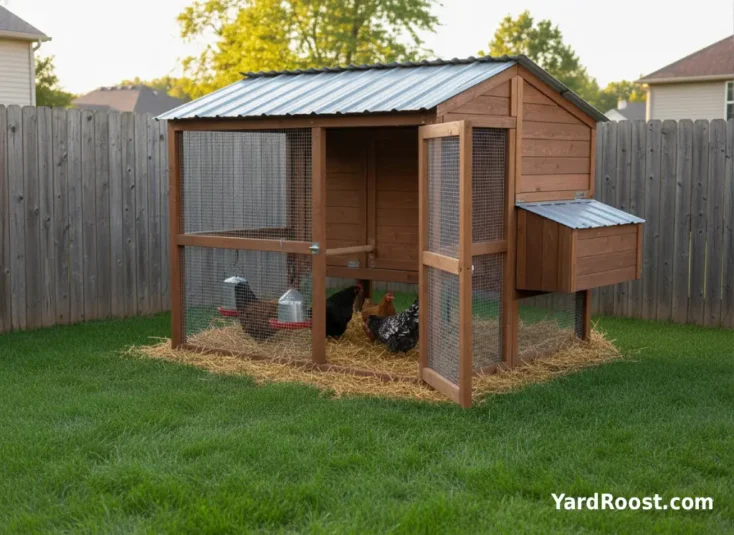 Three Easter Egger hens scratching in straw inside a covered run beside a backyard coop.