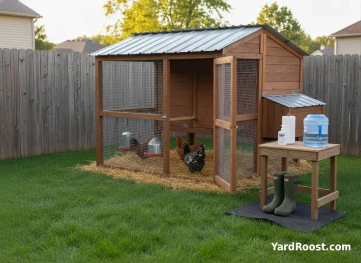 Outdoor handwashing station with soap and paper towels placed near a backyard chicken coop.