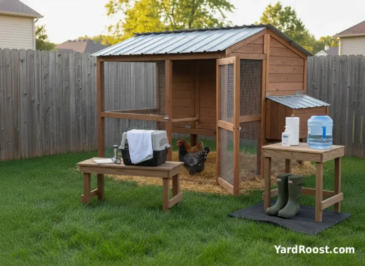 Pet carrier lined with a towel on a bench near a backyard coop, prepared for transporting a chicken.