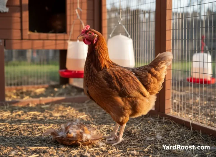 A brown hen in a backyard run with loose feathers on the ground and new pin feathers starting along her neck.