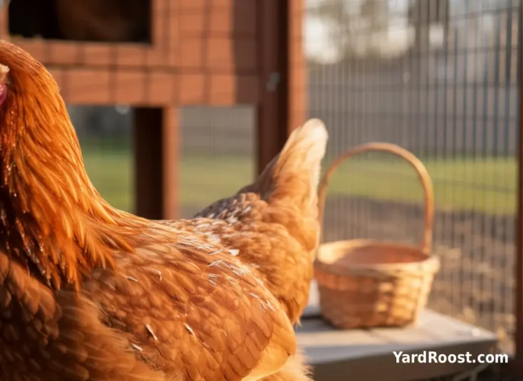 Close-up of a hen’s shoulder with several pin feathers emerging, with the coop softly blurred behind.