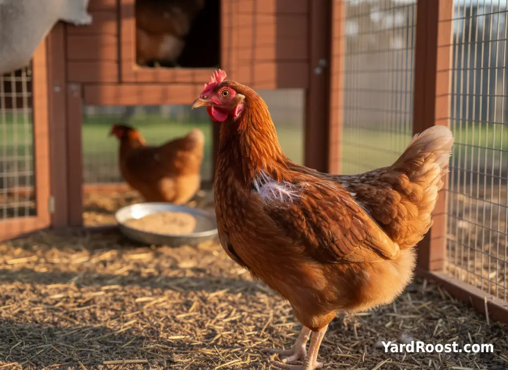 A hen with a patchy neck and visible new feather shafts, standing near a run corner while another hen pecks in the background.