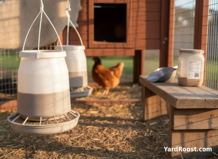 A hanging feeder and waterer inside a covered run, with a molting hen resting in the shade near the coop entrance.