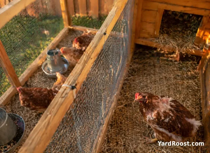 A run divider panel made of hardware cloth creating two spaces, with one molting hen separated calmly on one side.