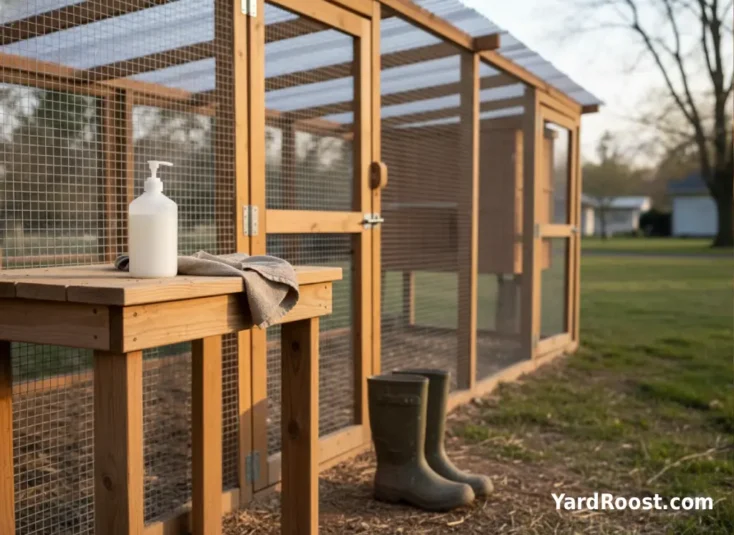 Hand soap on an outdoor table near a coop gate with a pair of boots beside the run.
