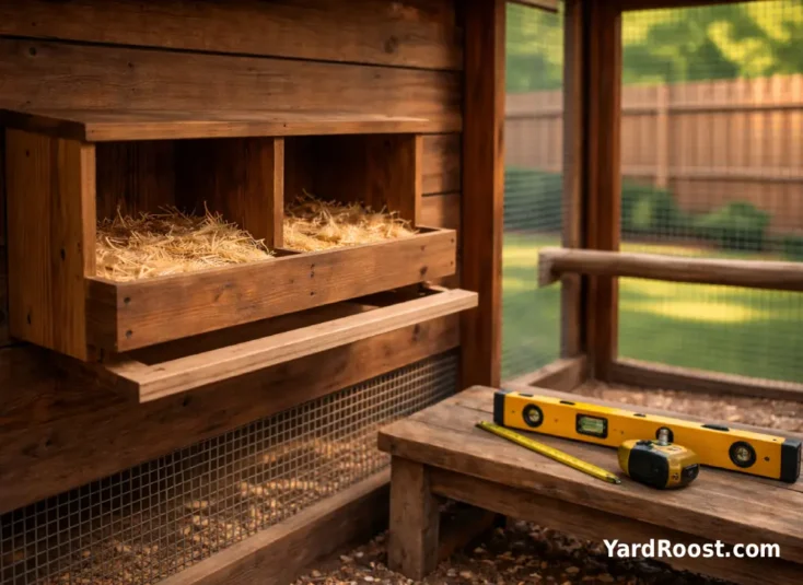 Nest boxes mounted about two feet off the coop floor and positioned away from the roost bar.