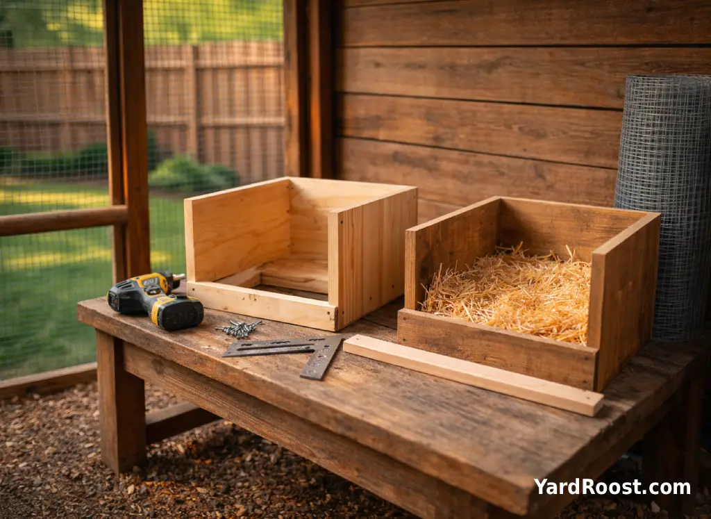 DIY nesting box materials—plywood panels, drill, and screws—set up on a coop workbench.
