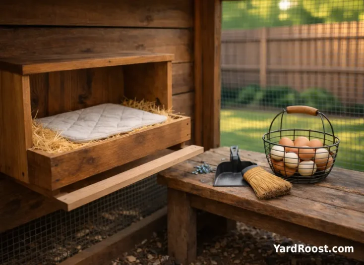 A straw-lined nesting box with a washable nest pad and an egg basket nearby.