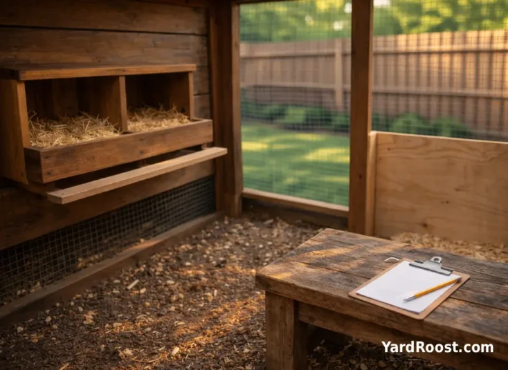 A nesting box area with a blocked-off coop corner to discourage floor eggs.