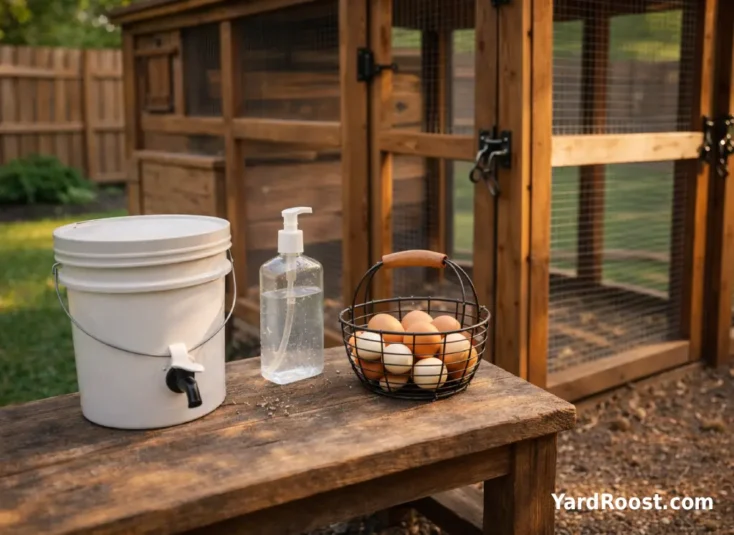 A simple handwashing/sanitation setup outside a chicken coop next to an egg basket.