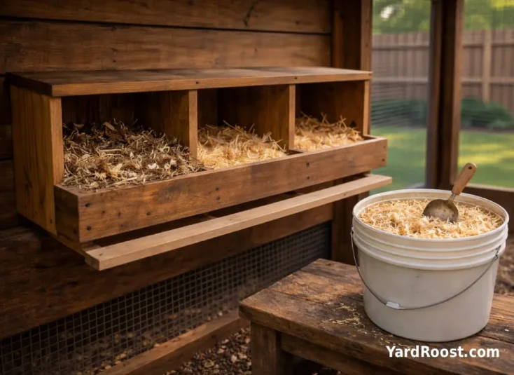 Three nesting boxes showing one with dirty bedding and two freshly refreshed with clean straw.