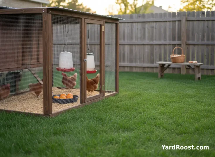 A few peeled orange segments served as a treat inside a backyard chicken run.