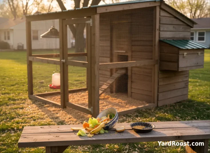 A small portion of scraps set aside as a treat while the rest is kept out of the chicken run.