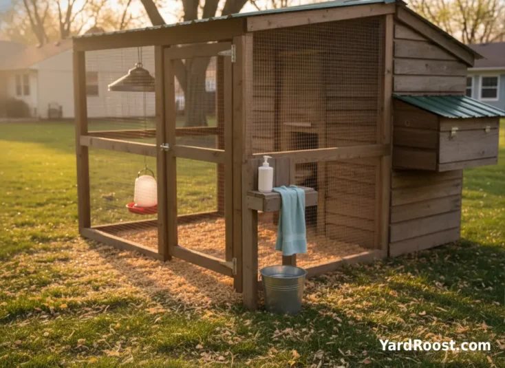 A simple handwashing setup near a chicken coop to reduce Salmonella risk.