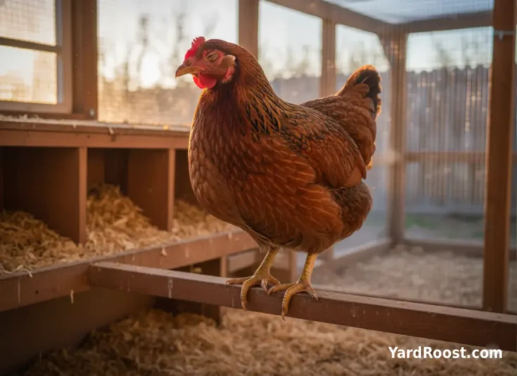 Hen standing on a flat wooden roost bar inside a tidy coop at golden hour.