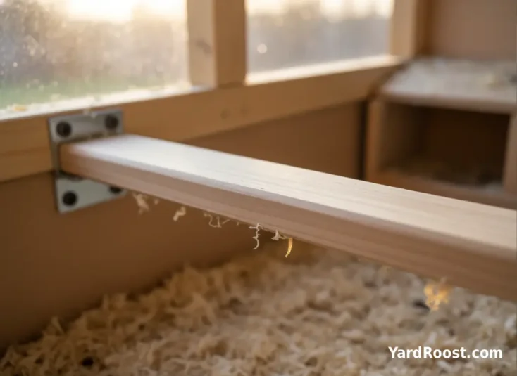 Close-up of a sanded wooden 2x4 roost bar mounted securely to a coop wall.