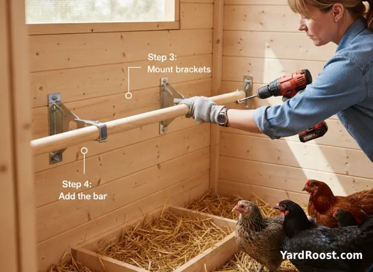 Drill and screws next to a wooden roost bar being test-fitted inside a coop.